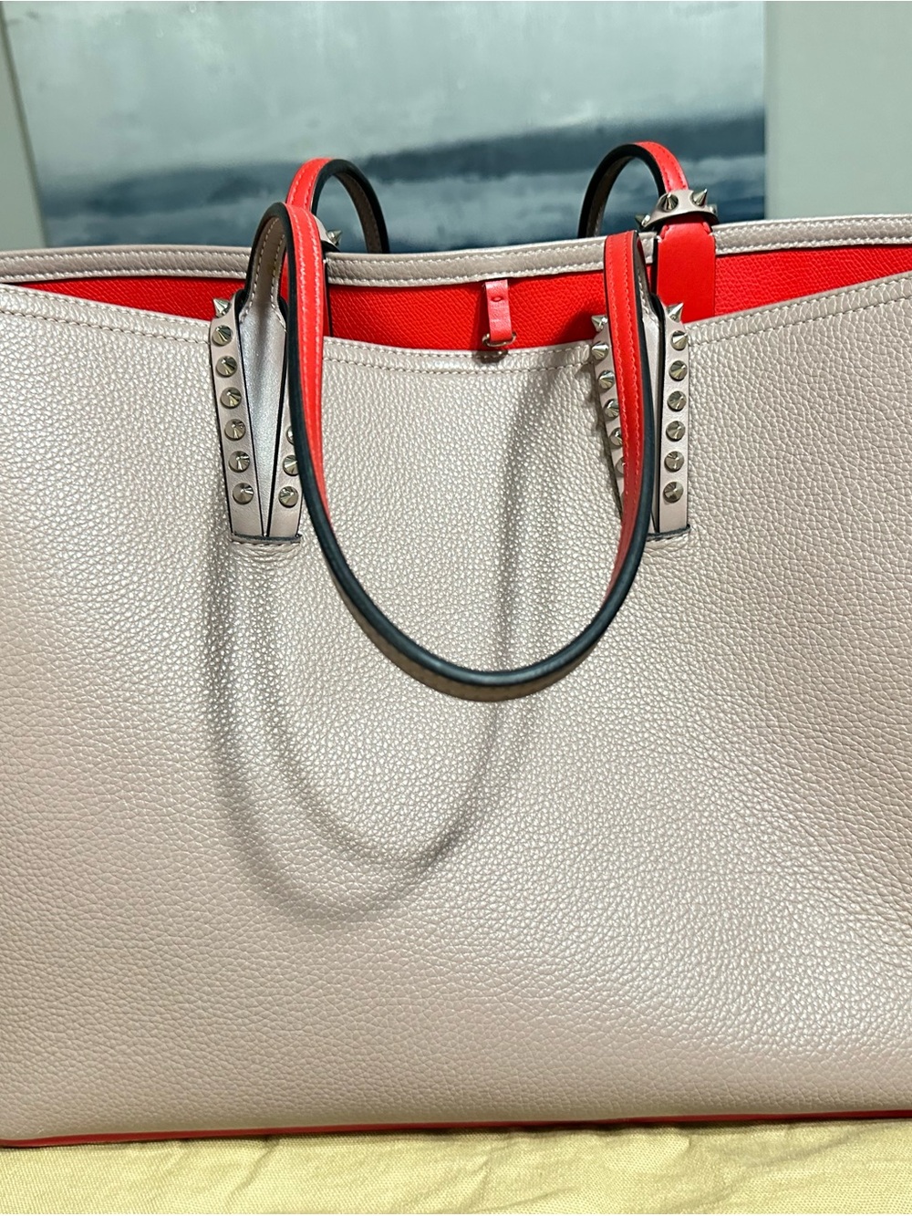 Christian Louboutin Large Cabata Tote Bag with Matching Pouch Beige/Taupe & Red - Picture 4 of 9